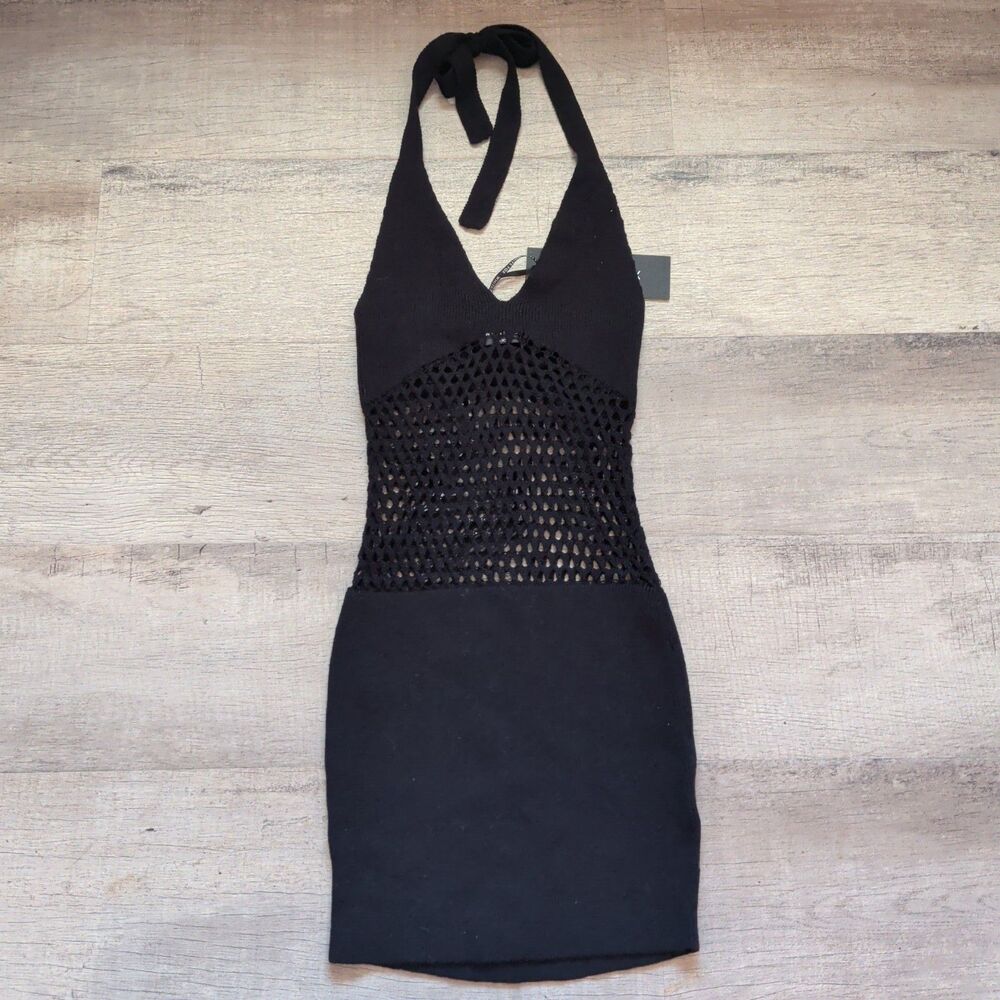 White Fox Boutique Black Halter Crochet Mini Dress Womens XS New With Tags
